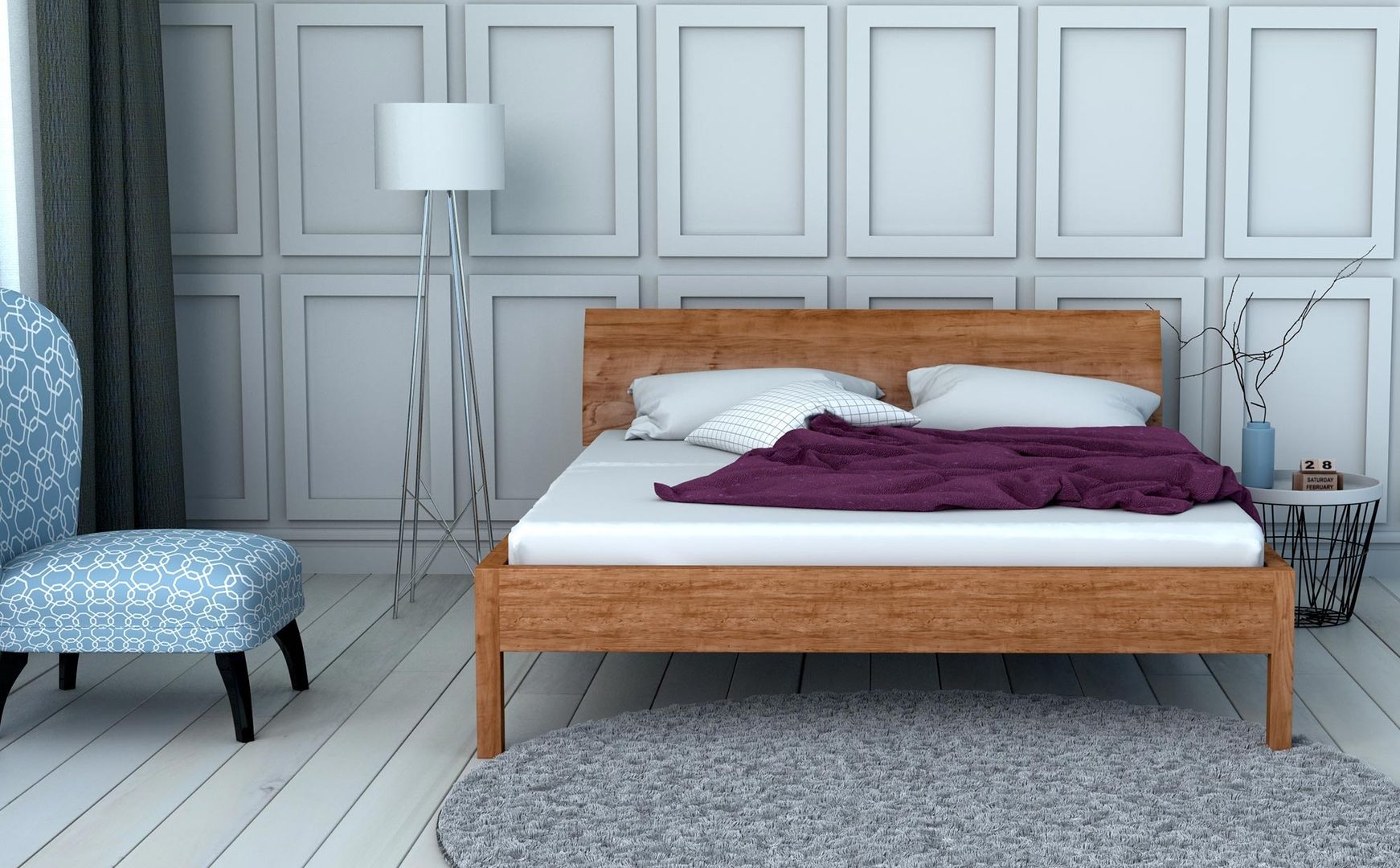 In einem grauen Zimmer steht ein Bett mit einem Holzgestell, eine Lampe und ein blauer Sessel